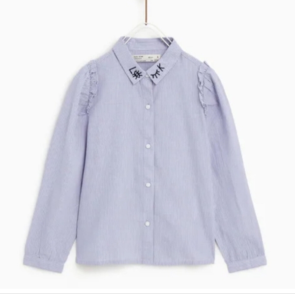Zara blue striped button down shirt with eyelashes on the collar girls 14YRS - Picture 1 of 7